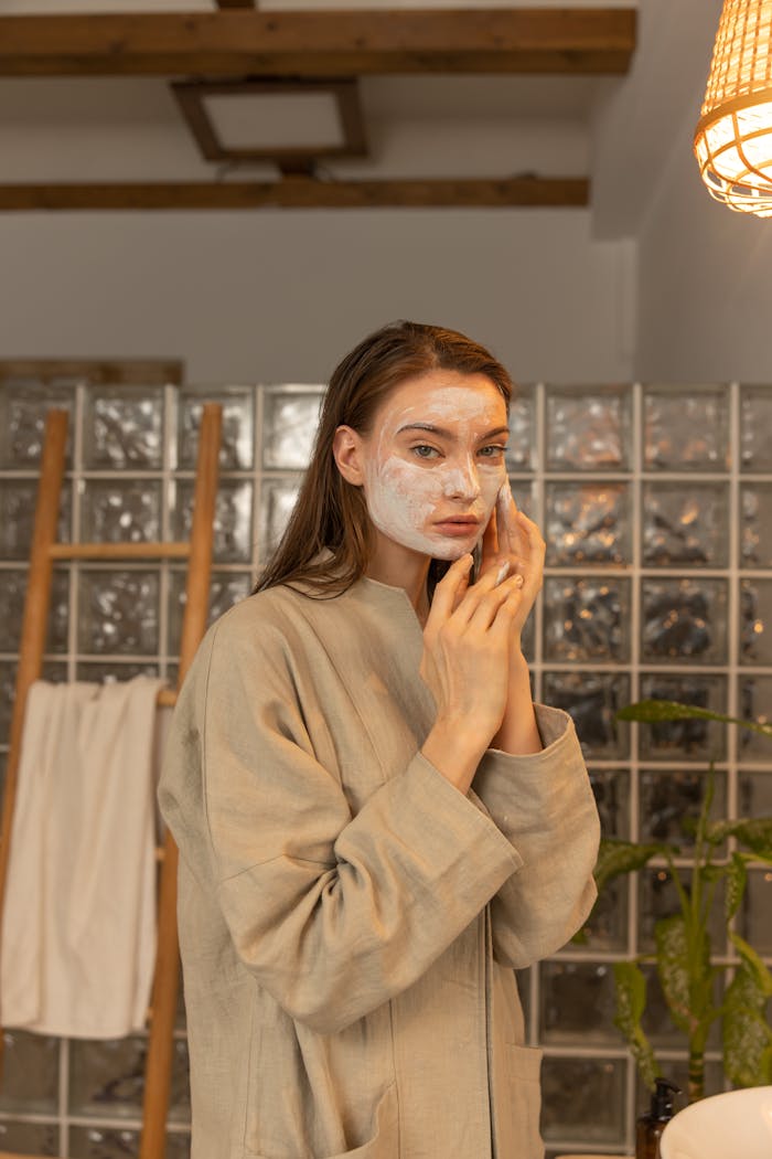Woman applying a facial mask in a spa-like indoor setting for skincare and wellness.