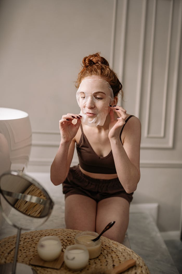 Young woman applying face mask as part of her self-care routine indoors.